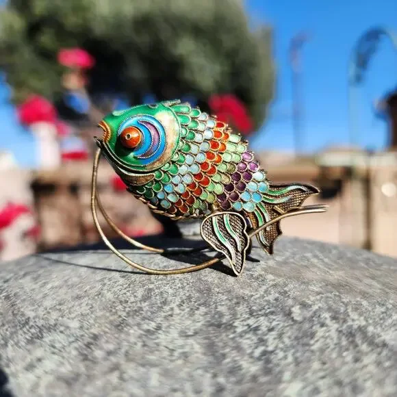 Vtg Old Chinese Export Fish Figurine Sterling Silver Gilt Cloisonne Articulated - Picture 4 of 16